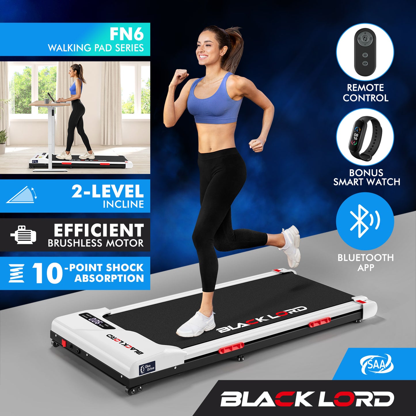 BLACK LORD Treadmill Electric Walking Pad Incline Gym Brushless Motor White