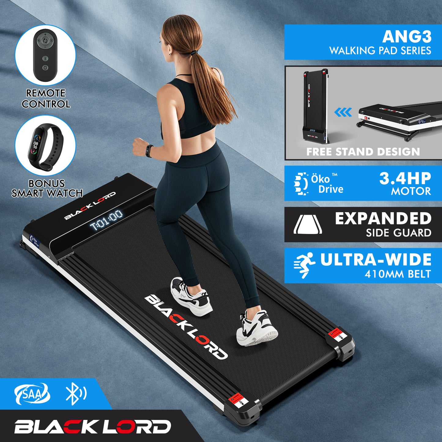 BLACK LORD Treadmill Electric Walking Pad Steel Frame Under Desk Gym 410mm Black