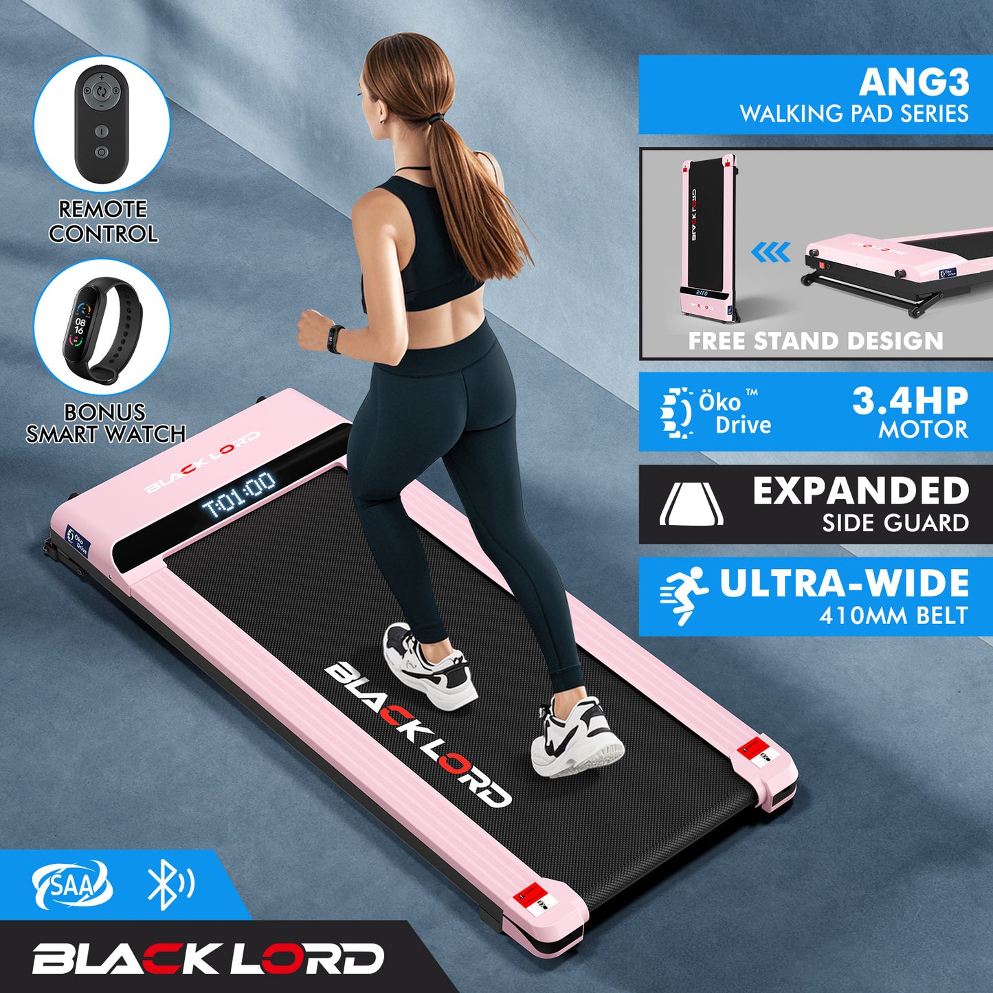 BLACK LORD Treadmill Electric Walking Pad Steel Frame Under Desk Gym 410mm Pink