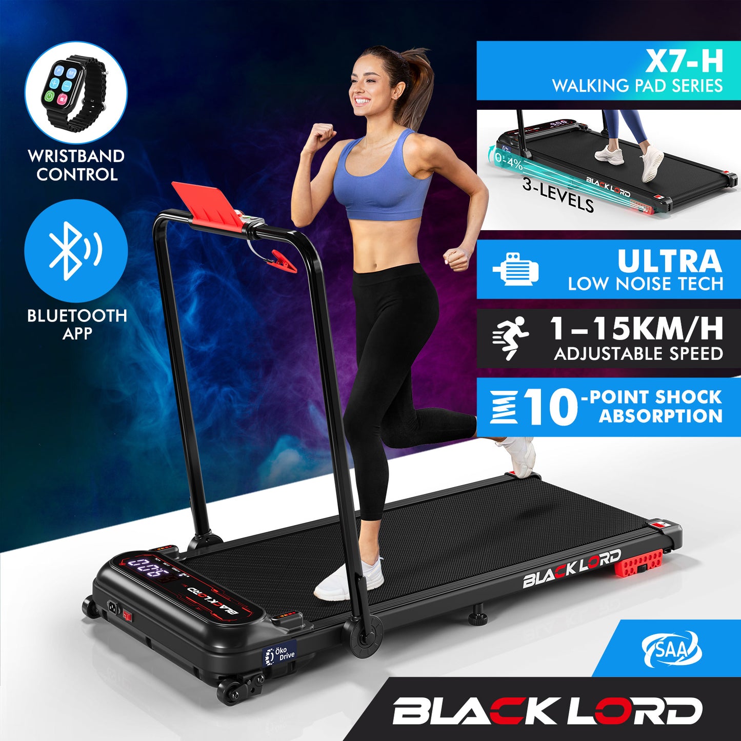 BLACK LORD Treadmill Electric Walking Pad Incline Shock Absorbers Foldable Black