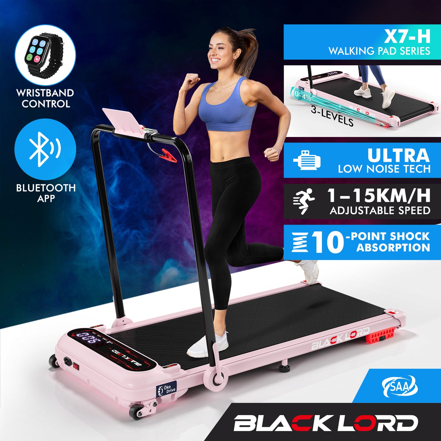BLACK LORD Treadmill Electric Walking Pad Incline Shock Absorbers Foldable Pink