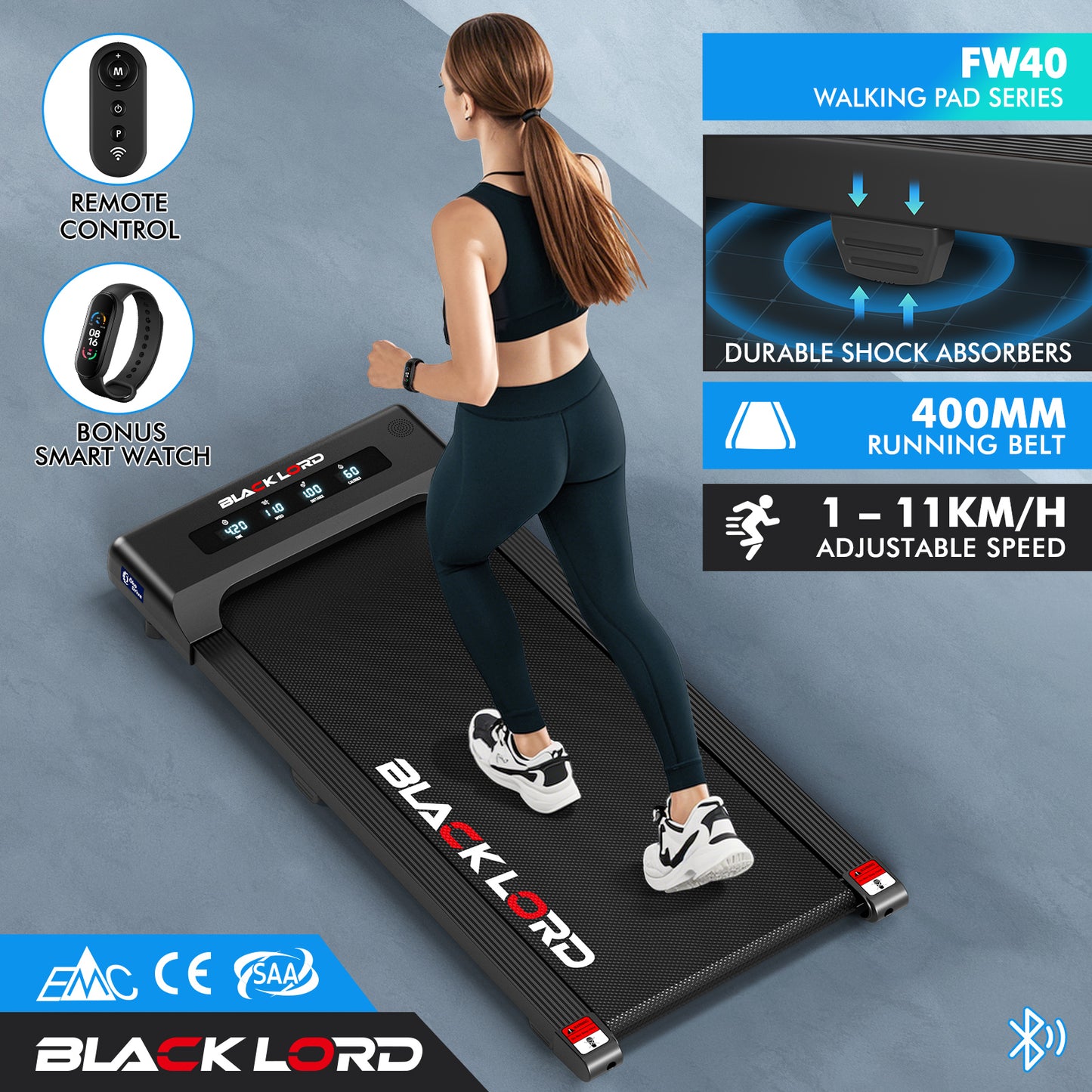 BLACK LORD Treadmill Electric Walking Pad Under Desk Home Gym 400mm Black