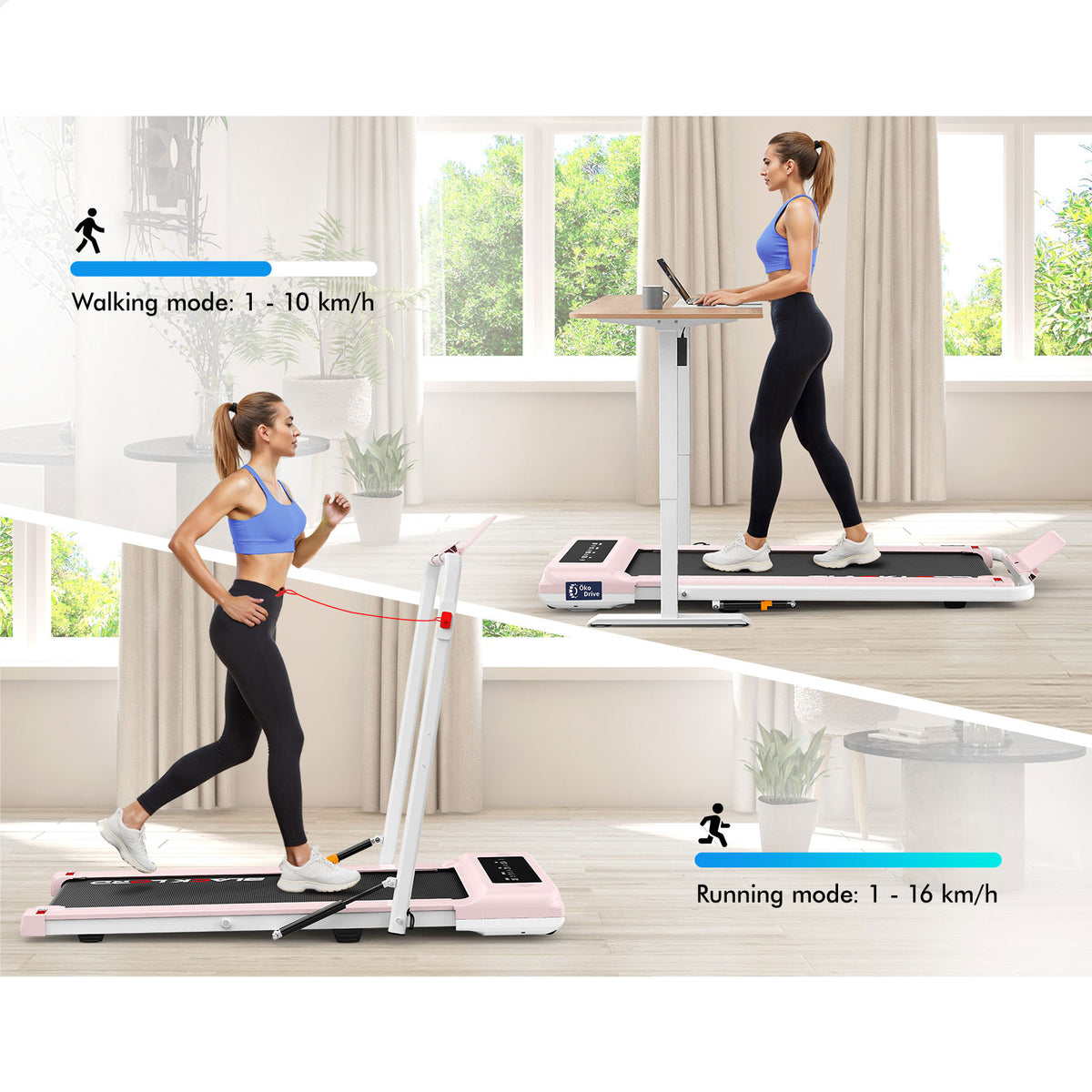 BLACK LORD Treadmill 2 IN 1 Electric Walking Pad 400mm Hydraulic Foldable Pink