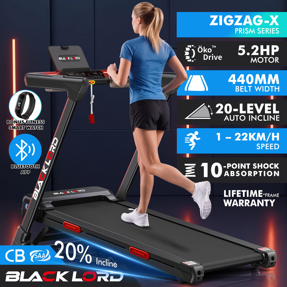 BLACK LORD Treadmill Electric 20% Auto Incline Running Machine Foldable 440mm