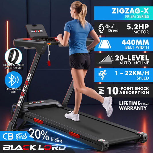 BLACK LORD Treadmill Electric 20% Auto Incline Running Machine Foldable 440mm