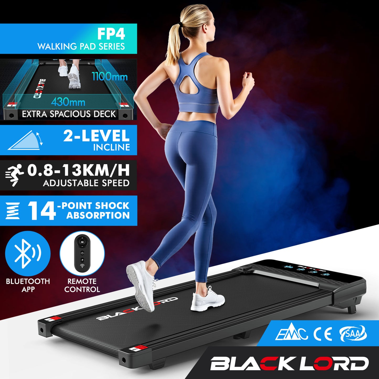 BLACK LORD Treadmill Electric Walking Pad Under Desk Home Gym Incline 430mm Belt