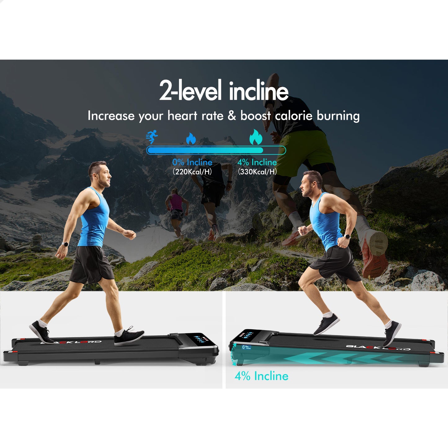 BLACK LORD Treadmill Electric Walking Pad Under Desk Home Gym Incline 430mm Belt