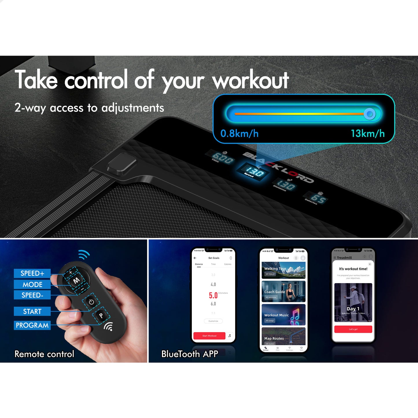 BLACK LORD Treadmill Electric Walking Pad Under Desk Home Gym Incline 430mm Belt
