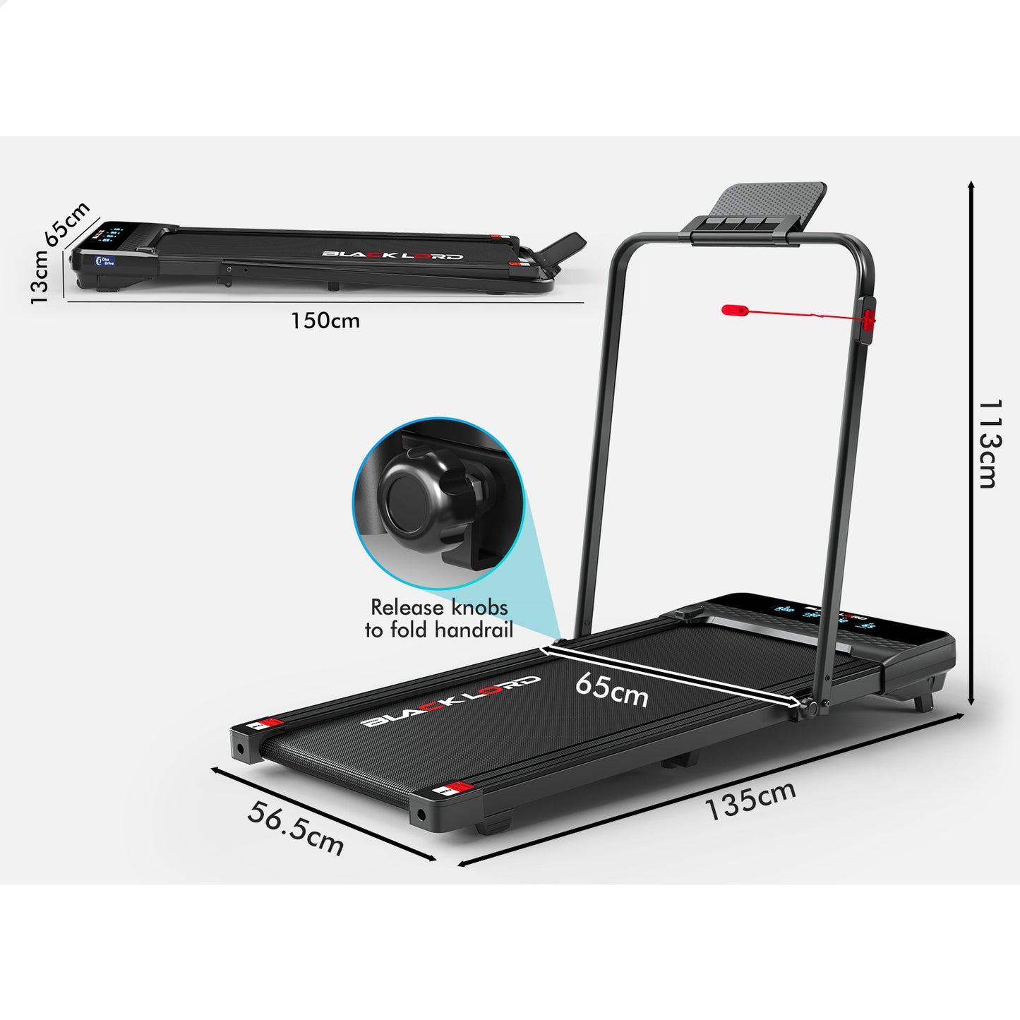 BLACK LORD Treadmill Electric Walking Pad Under Desk Foldable Incline 430mm Belt