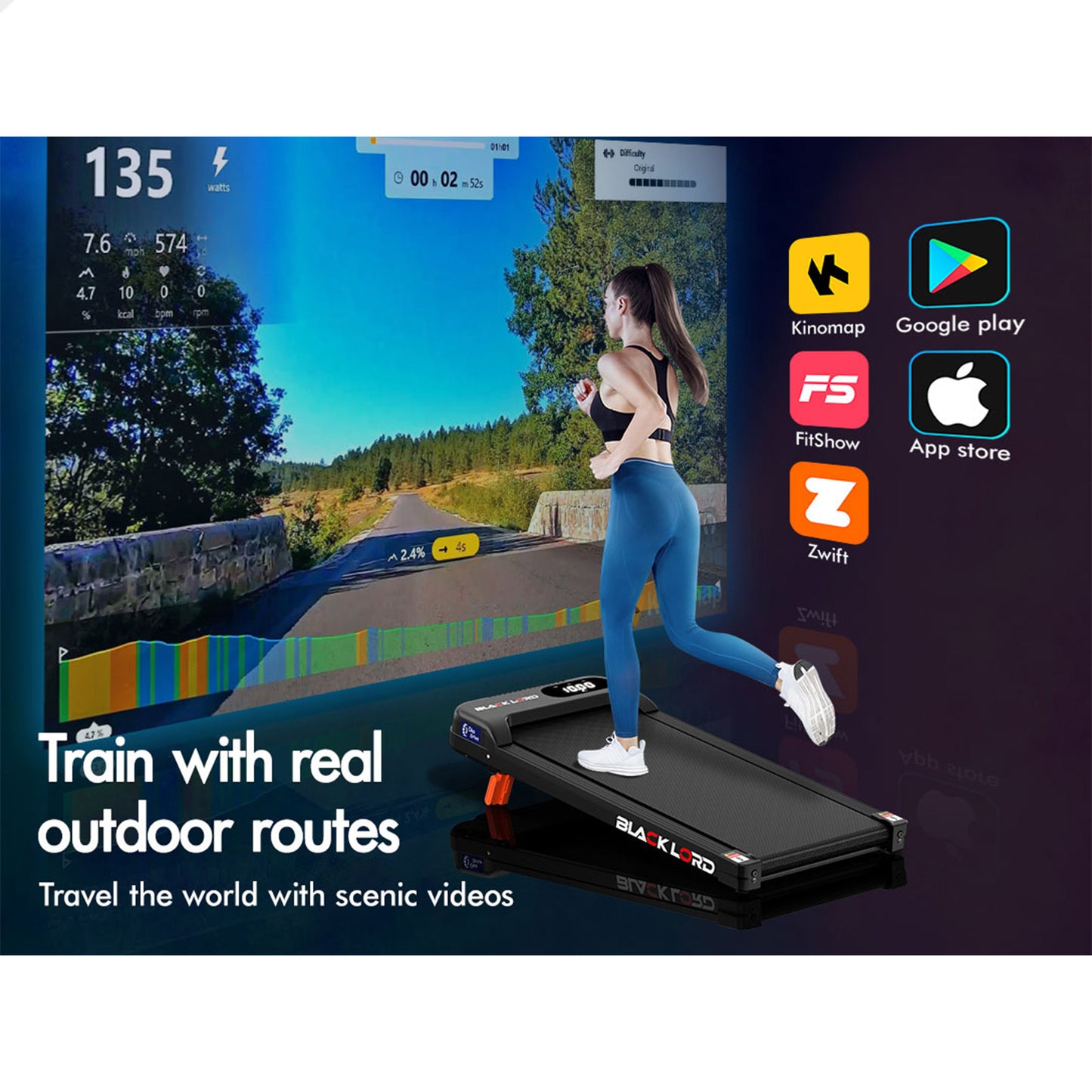 BLACK LORD Treadmill Electric Walking Pad Home Gym Incline Magnetic Remote Black