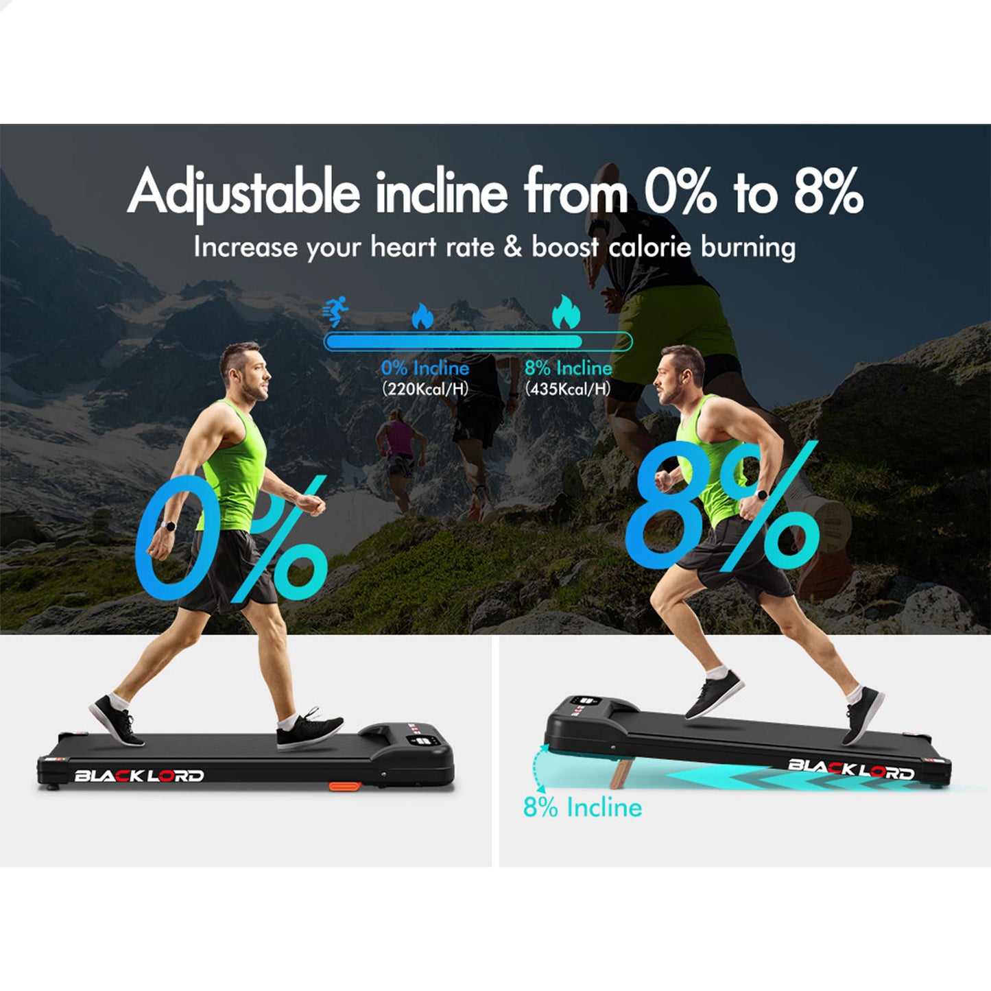 BLACK LORD Treadmill Electric Walking Pad Home Gym Incline Magnetic Remote Black