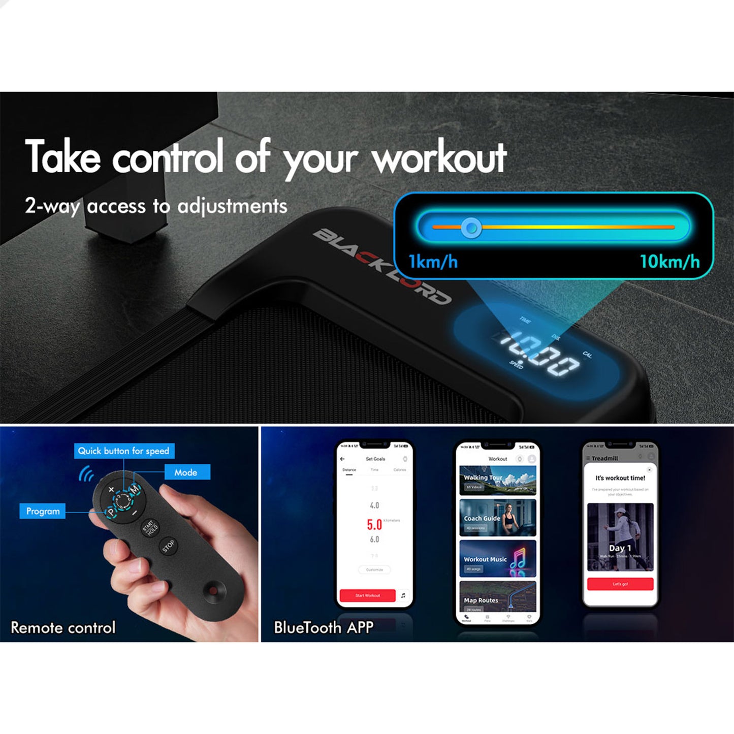 BLACK LORD Treadmill Electric Walking Pad Home Gym Incline Magnetic Remote Black