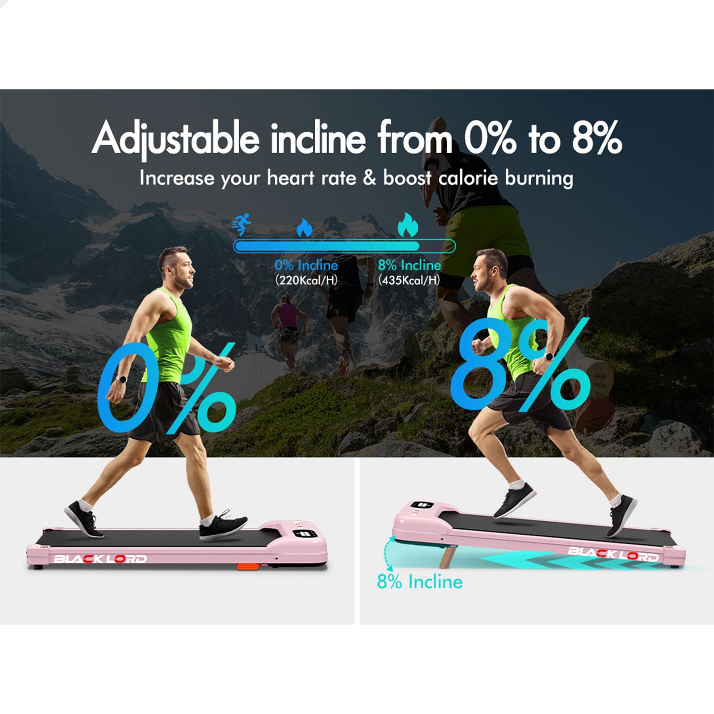 BLACK LORD Treadmill Electric Walking Pad Home Gym Incline Magnetic Remote Pink