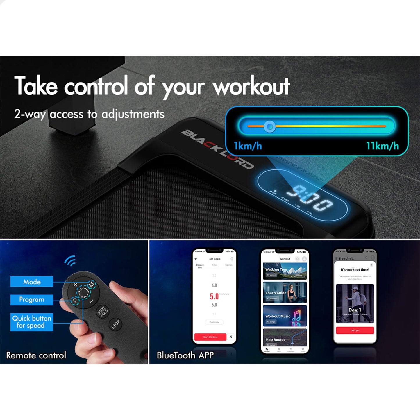 BLACK LORD Treadmill Electric Walking Pad Incline Home Gym Magnetic Remote Black