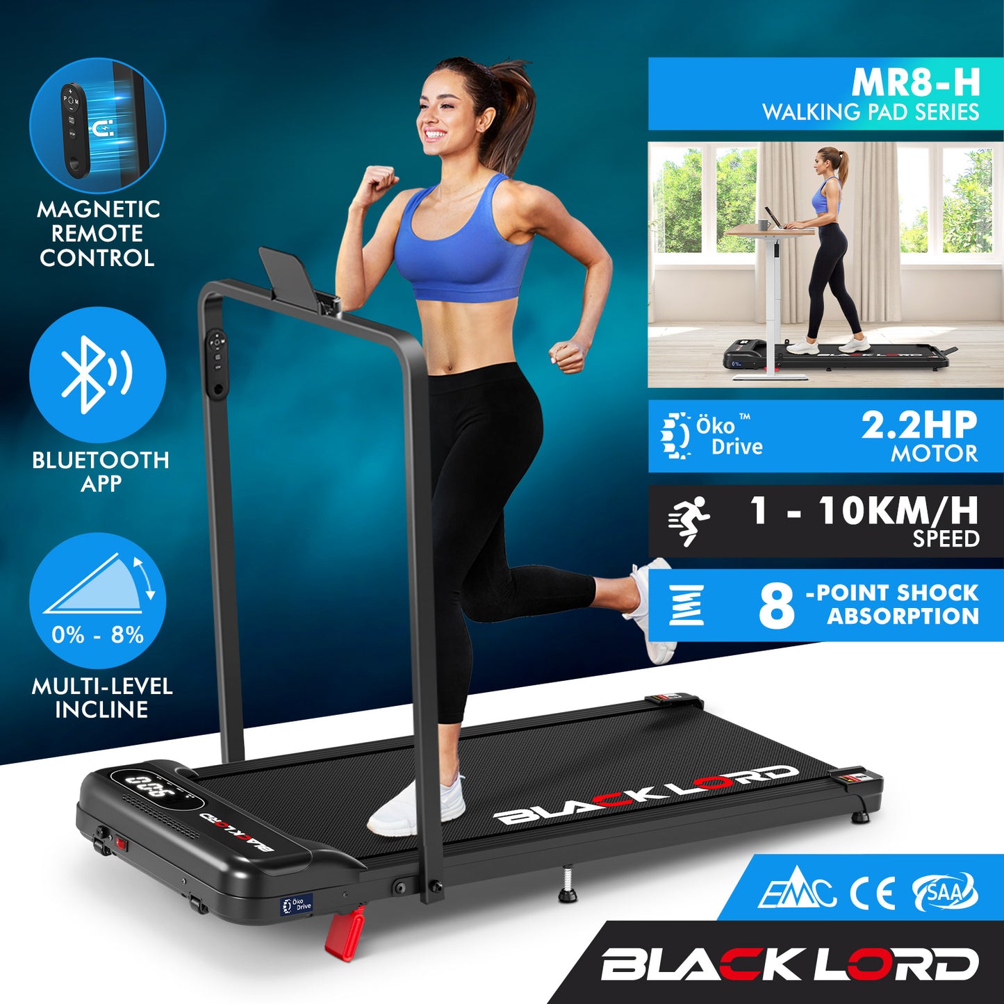 BLACK LORD Treadmill Electric Walking Pad Folding Incline Magnetic Remote Black
