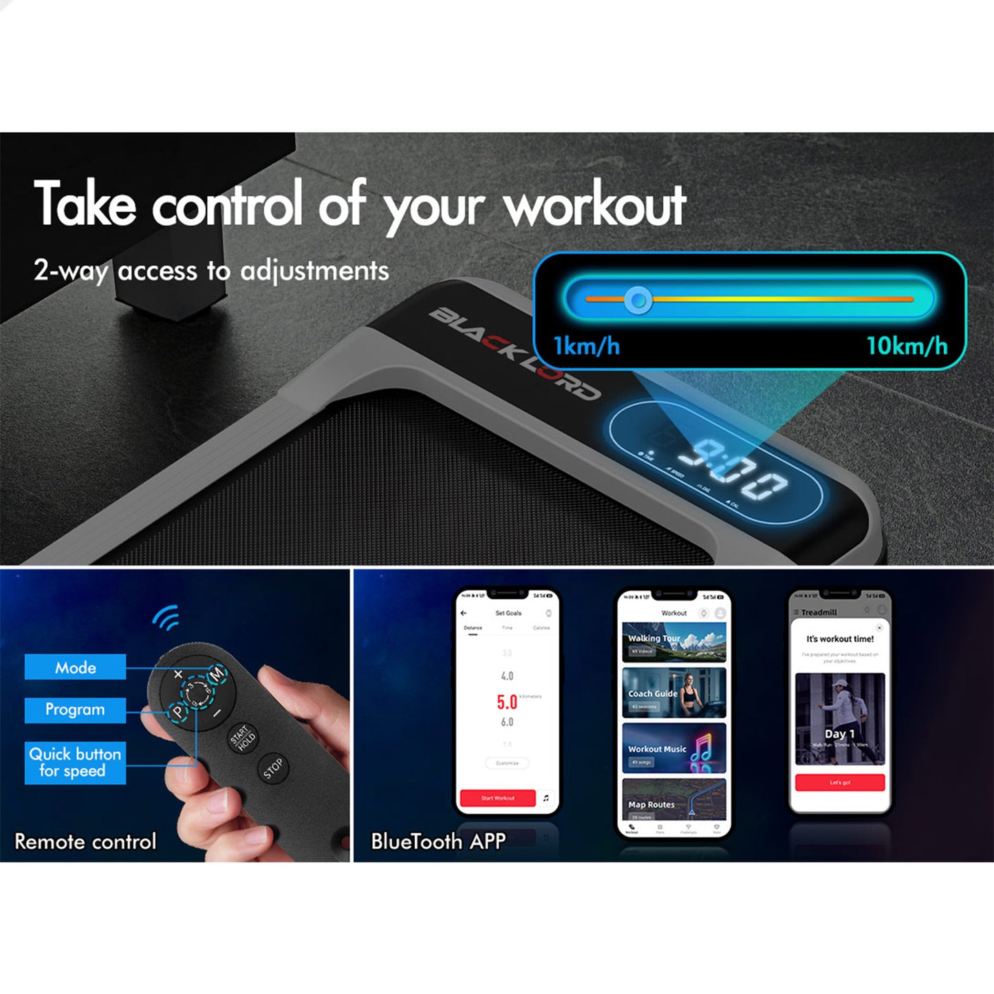 BLACK LORD Treadmill Electric Walking Pad Incline Home Gym Magnetic Remote White