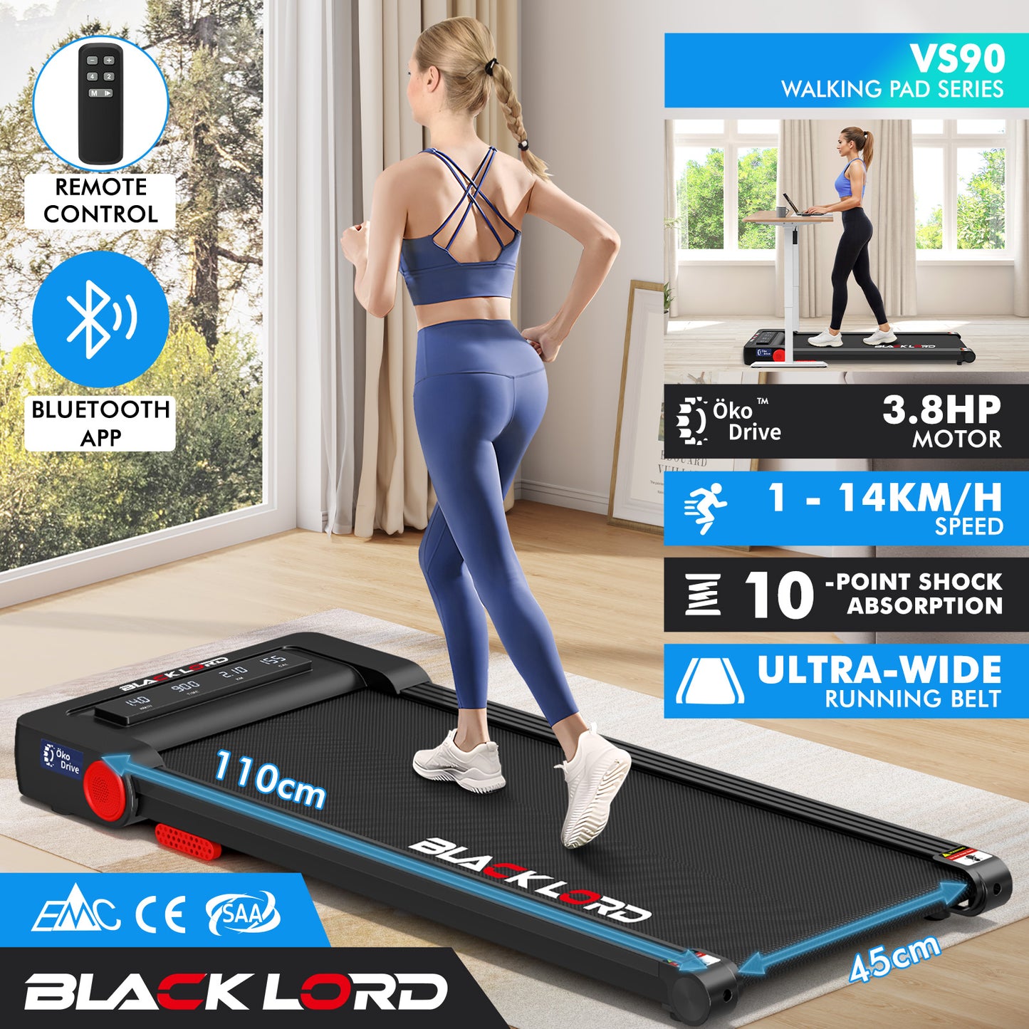 BLACK LORD Treadmill Electric Walking Pad Under Desk Home Gym Fitness 450mm Belt