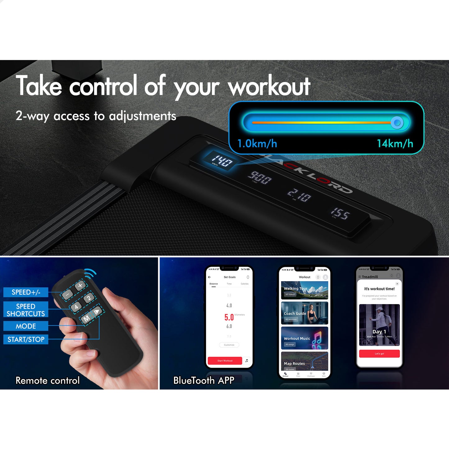 BLACK LORD Treadmill Electric Walking Pad Under Desk Home Gym Fitness 450mm Belt