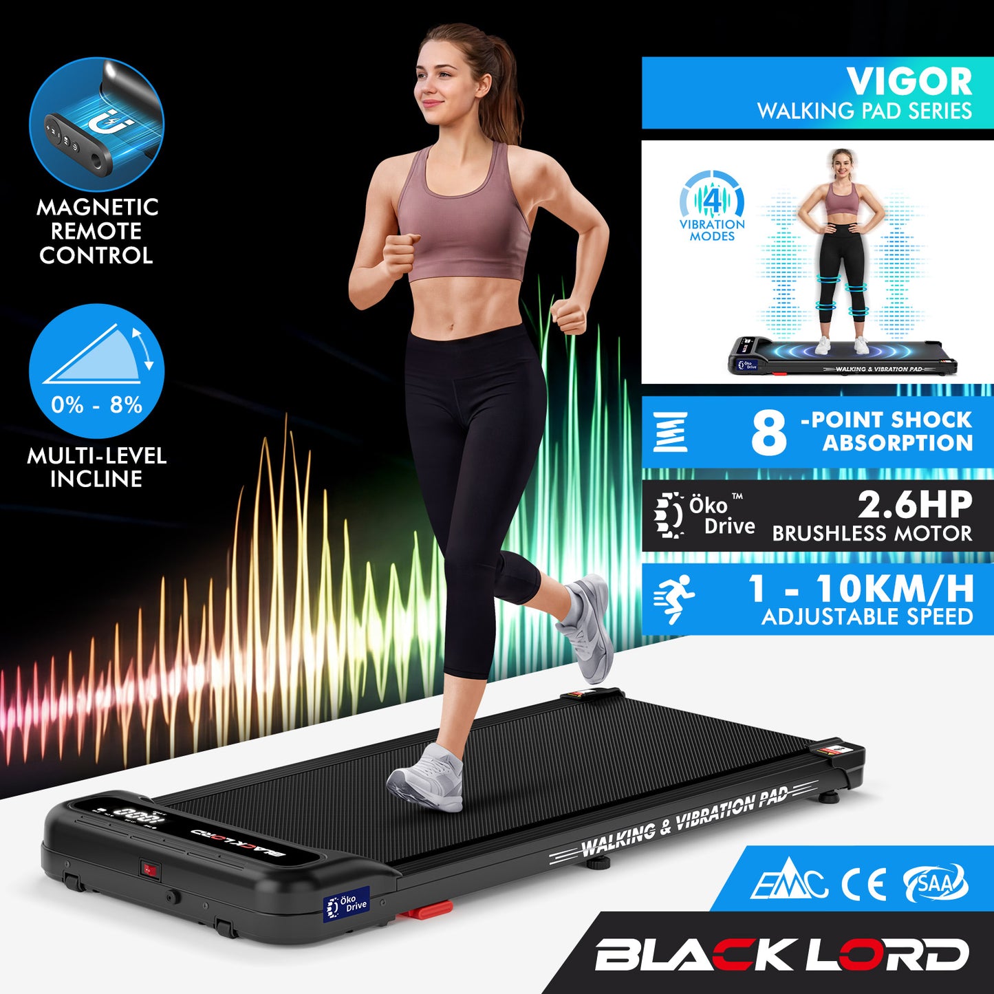 BLACK LORD Treadmill 4-in-1 Walking Vibration Pad Incline with Magnetic Remote