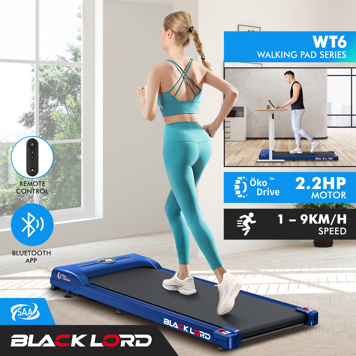 BLACK LORD Treadmill Electric Walking Pad Fitness Machine Home Gym Blue