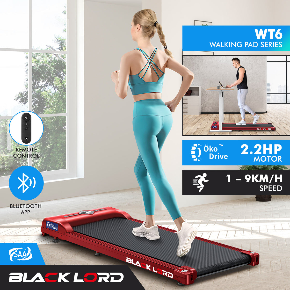 BLACK LORD Treadmill Electric Walking Pad Fitness Machine Home Gym Red