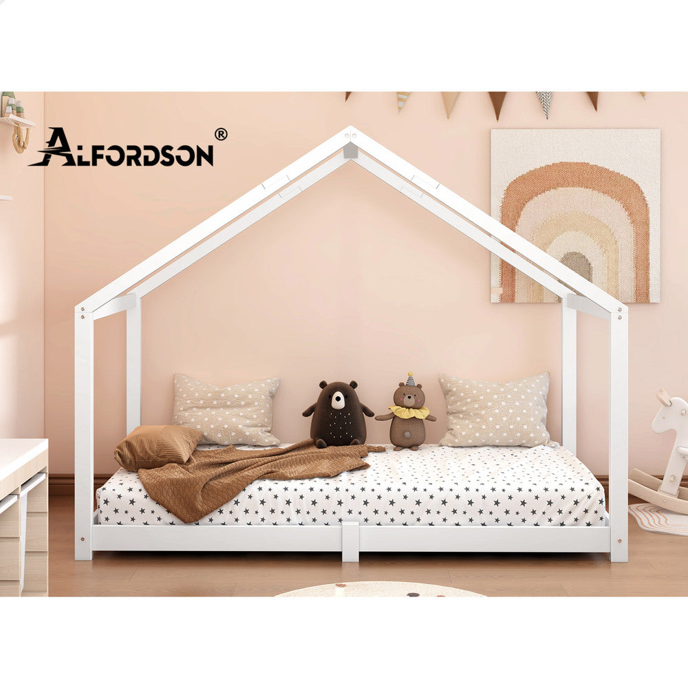 ALFORDSON Kids Bed Frame Wooden Timber Single House Frame Candice White