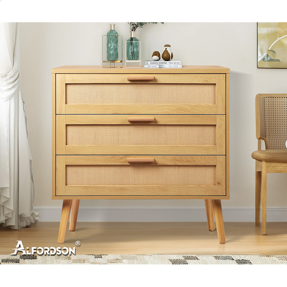 ALFORDSON 3 Chest of Drawers Storage Cabinet Rattan Dresser Lowboy Oak