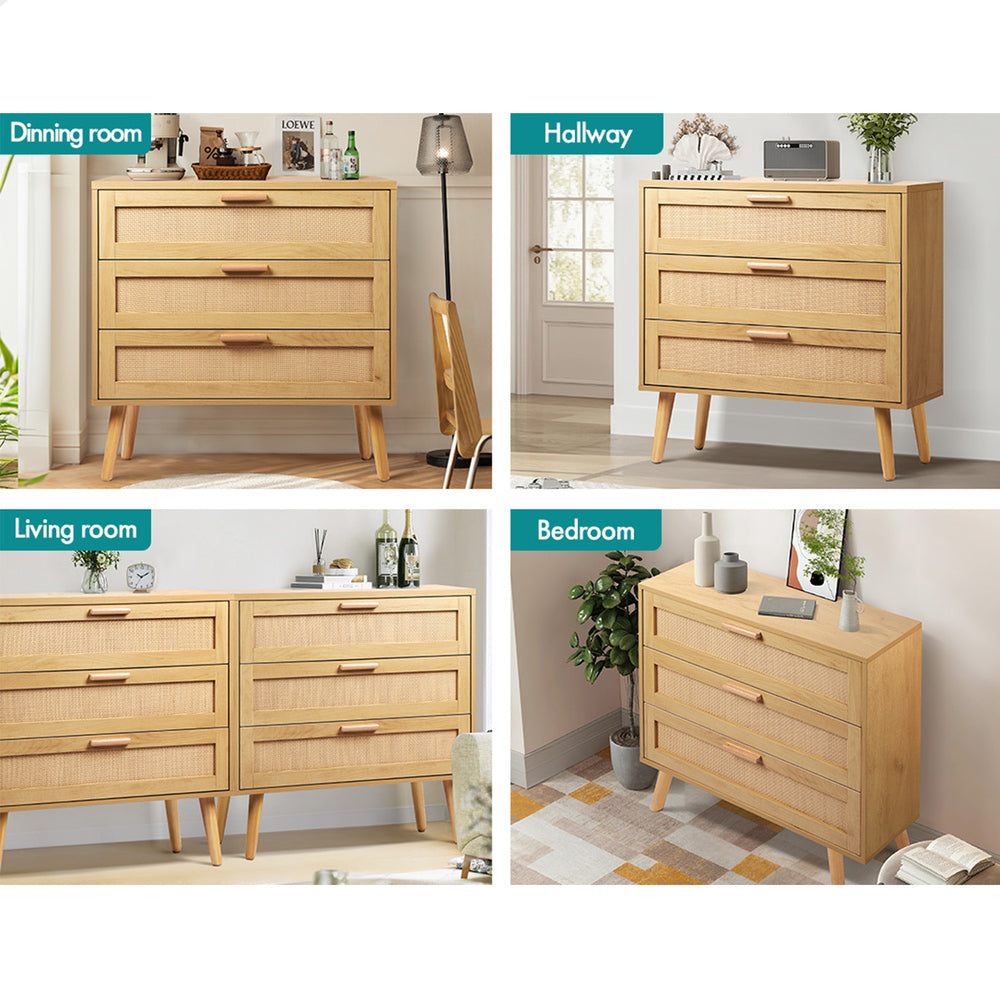 ALFORDSON 3 Chest of Drawers Storage Cabinet Rattan Dresser Lowboy Oak