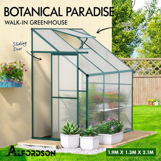 ALFORDSON Greenhouse Aluminium Polycarbonatel Greenhouse Garden Shed 1.9x1.3M