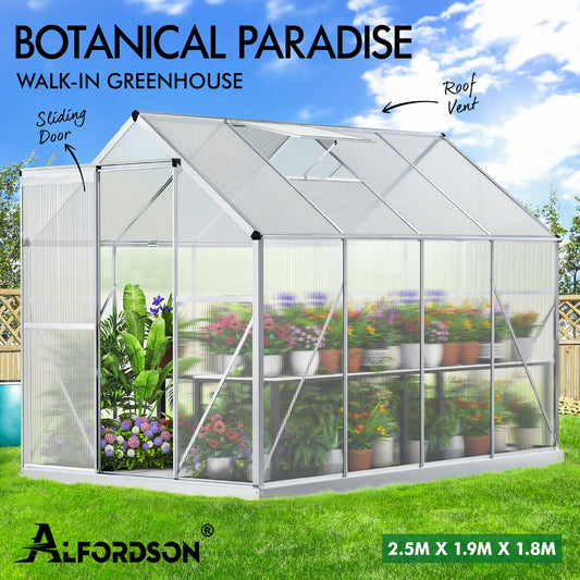 ALFORDSON Greenhouse Aluminium Polycarbonatel Garden Storage Shed 2.5x1.9x1.8M