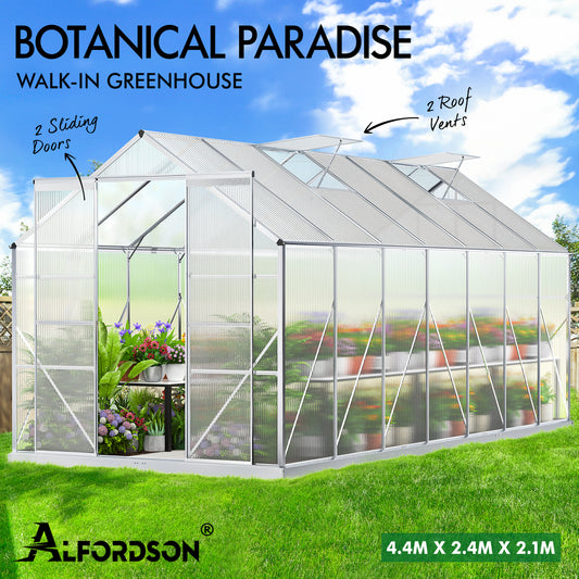 ALFORDSON Greenhouse Aluminium Polycarbonatel Garden Storage Shed 3.8x2.4x2.1M