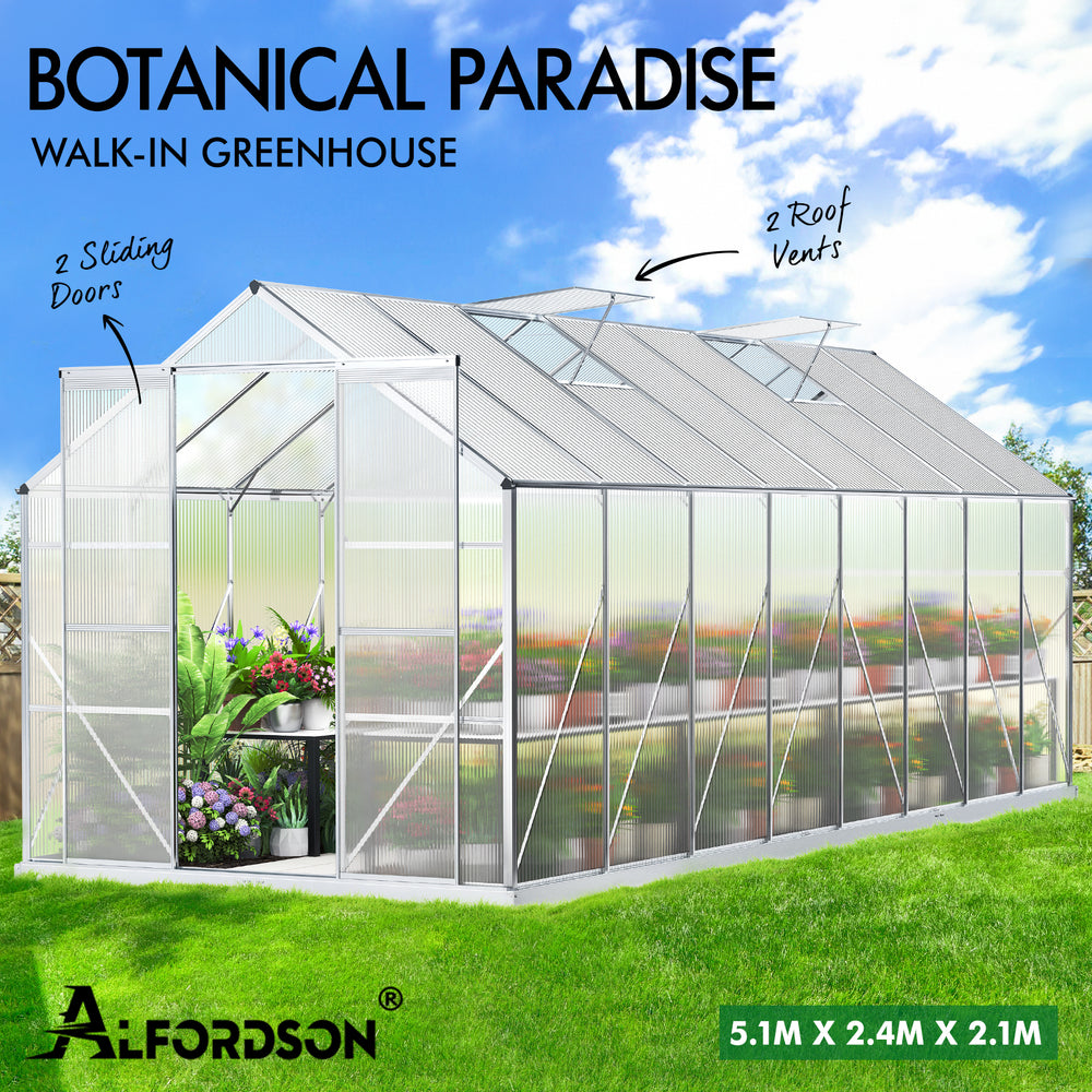 ALFORDSON Greenhouse Aluminium Polycarbonatel Garden Storage Shed 5.1x2.4x2.1M