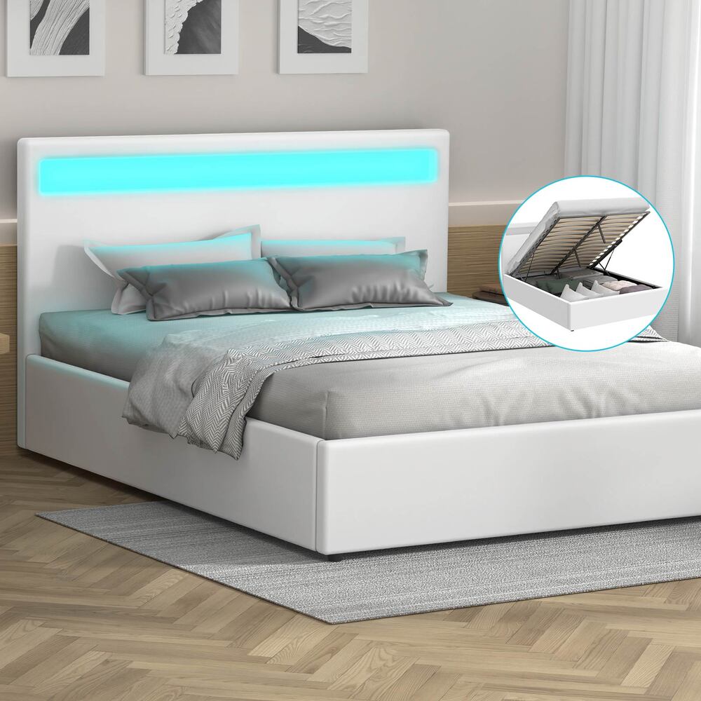 ALFORDSON Bed Frame Double Size RGB LED Gas Lift Base Platform Storage White