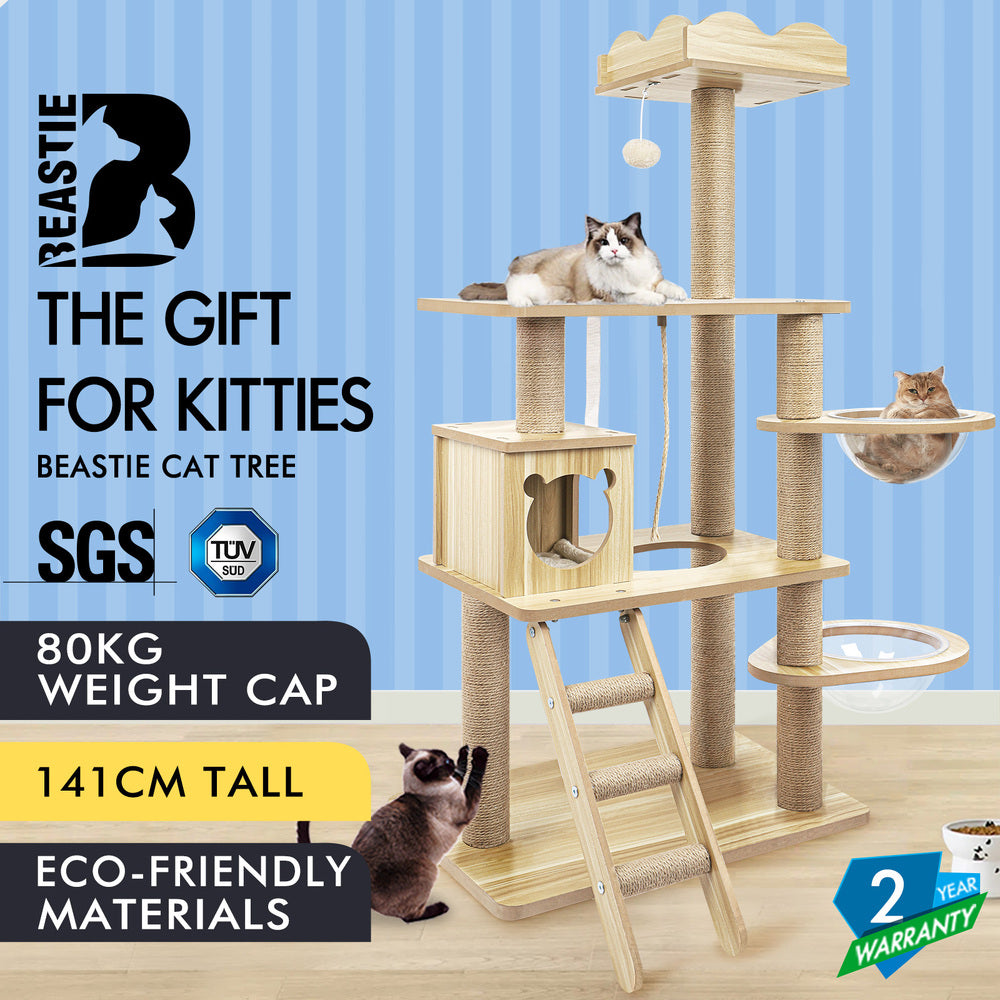 BEASTIE Cat Tree Tower Scratching Post Wood Scratcher Condo House Bed 141cm