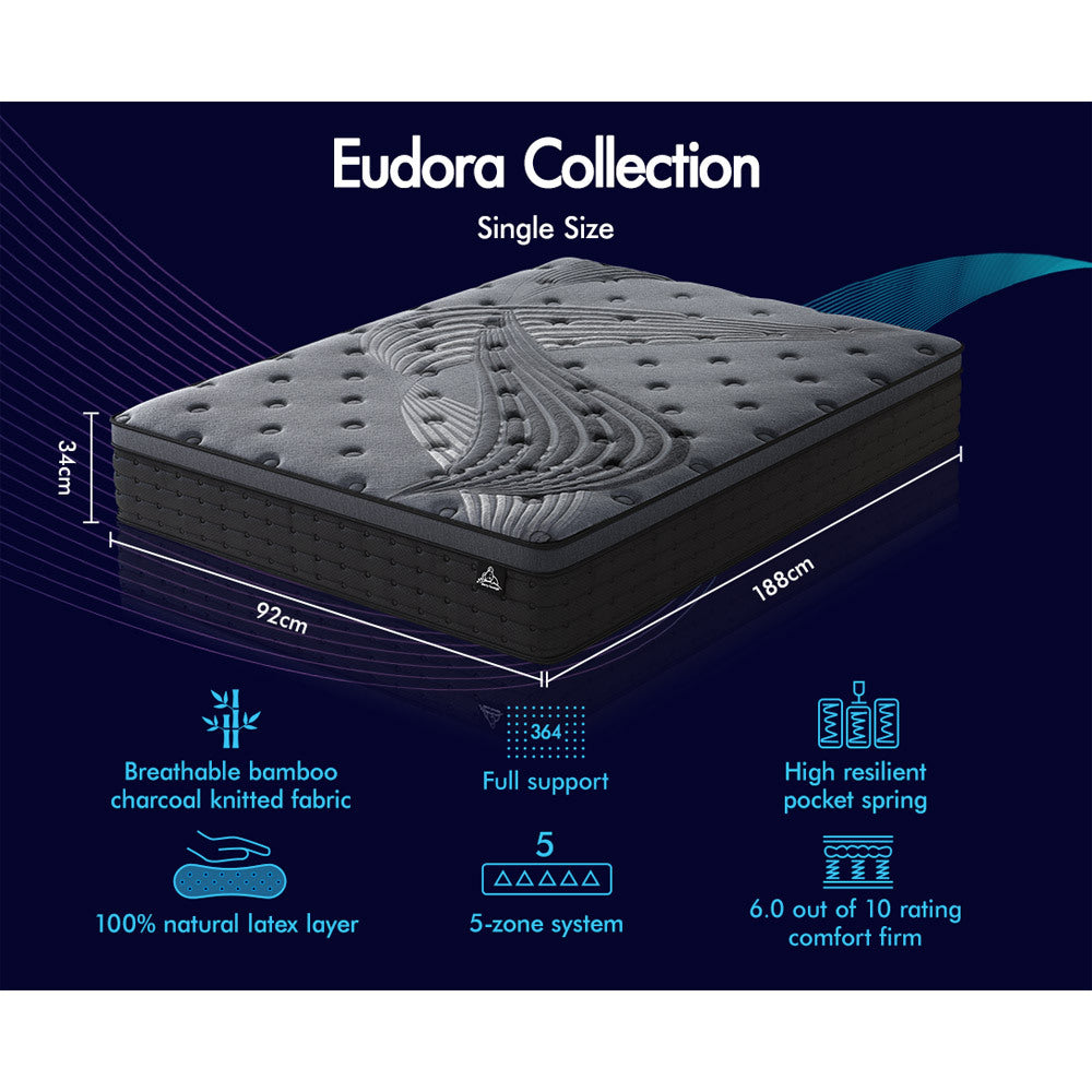 STARRY EUCALYPT Mattress Pocket Spring Single Size Latex Euro Top 34cm 5 zone