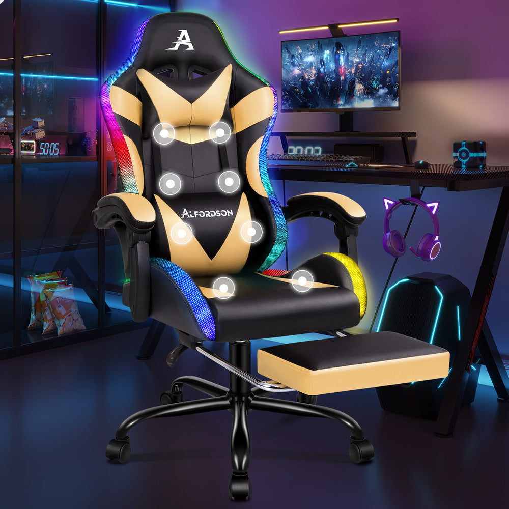 ALFORDSON Gaming Chair Office Massage 12 RGB LED Computer Seat PU Leather Gold