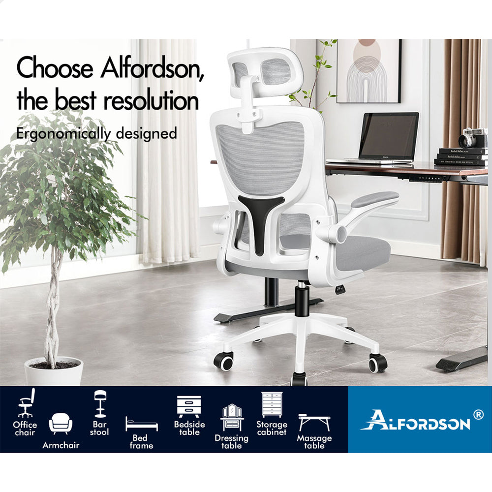 ALFORDSON Mesh Office Chair Executive Computer Tilt Fabric Seat Racing Work Grey & White