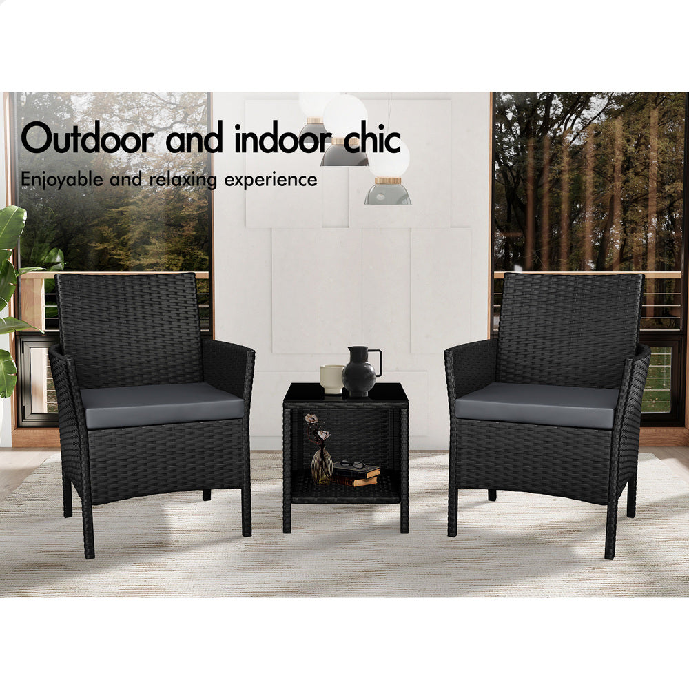 ALFORDSON Outdoor Furniture 3PCS Wicker Bistro Set Patio Chairs Table Black