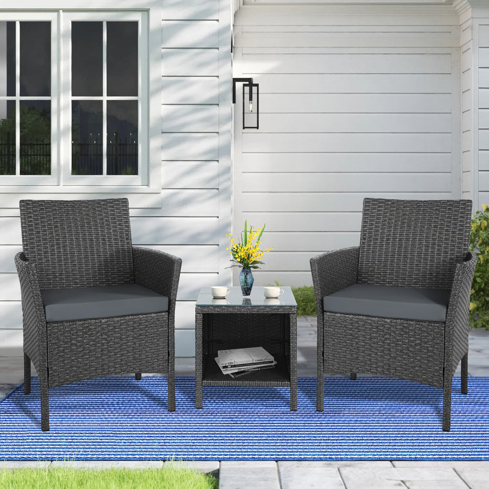 ALFORDSON Outdoor Furniture 3PCS Wicker Bistro Set Patio Chairs Table Dark Grey