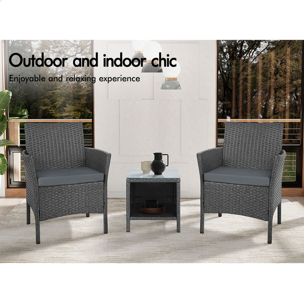 ALFORDSON Outdoor Furniture 3PCS Wicker Bistro Set Patio Chairs Table Dark Grey