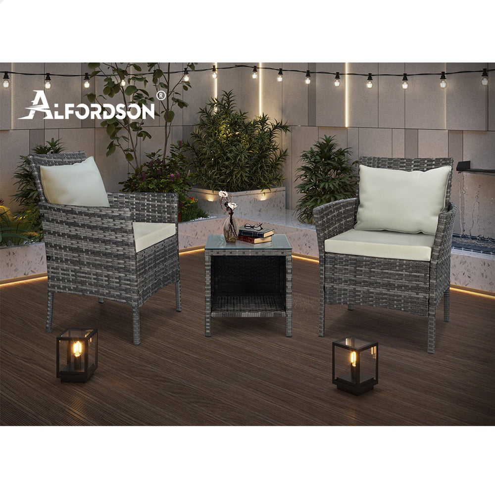 ALFORDSON Outdoor Furniture 3PCS Bistro Wicker Set Grey