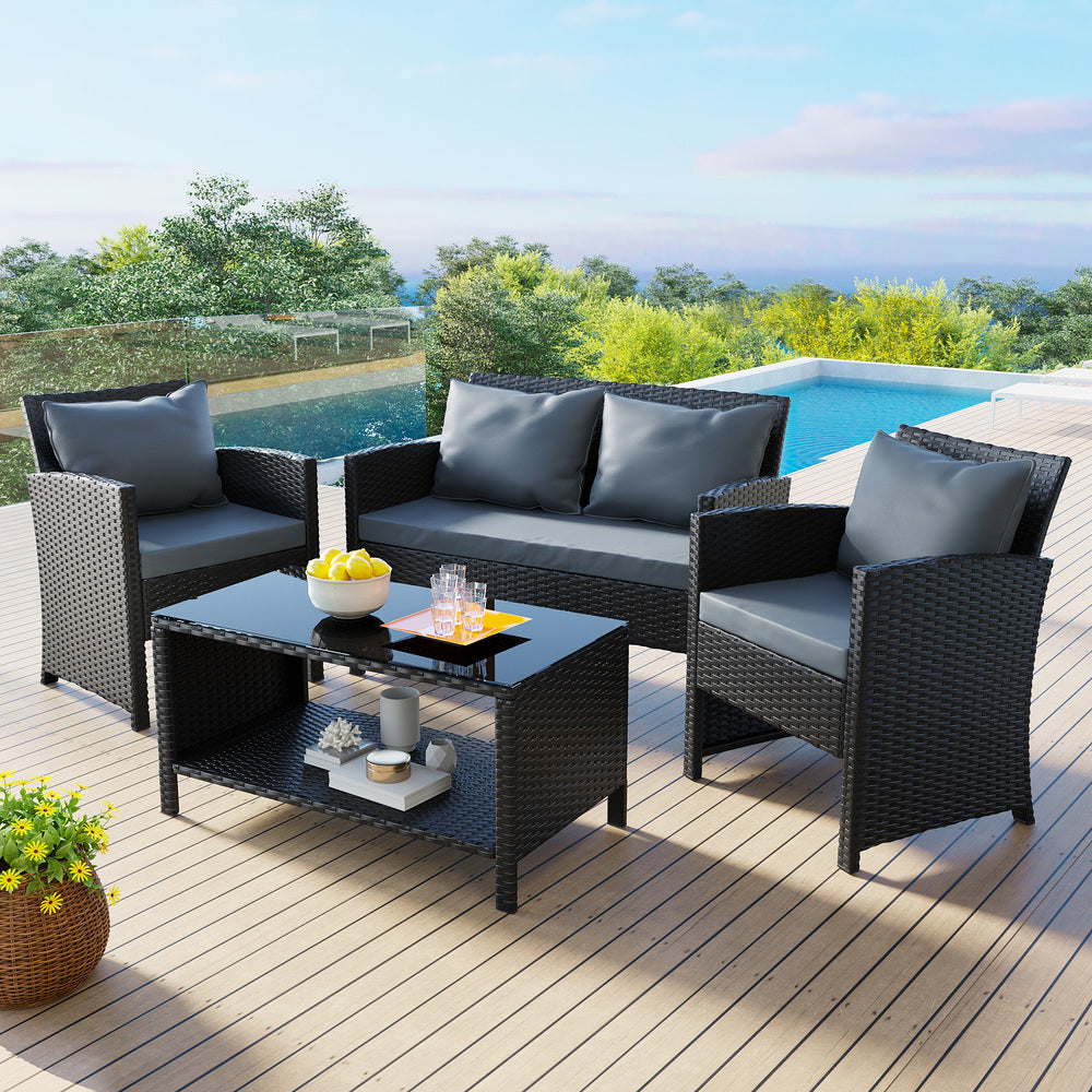 ALFORDSON Outdoor Furniture 4PCS Patio Wicker Set Black