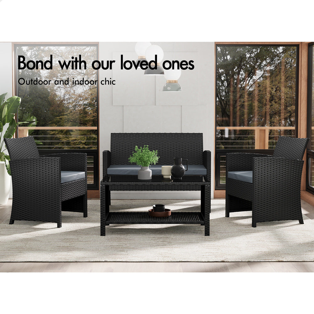 ALFORDSON Outdoor Furniture 4PCS Patio Wicker Set Black