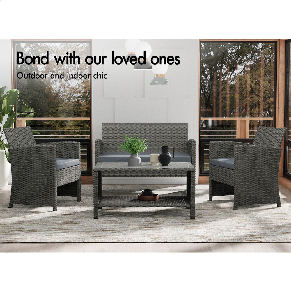 ALFORDSON Outdoor Furniture 4PCS Patio Wicker Set Dark Grey