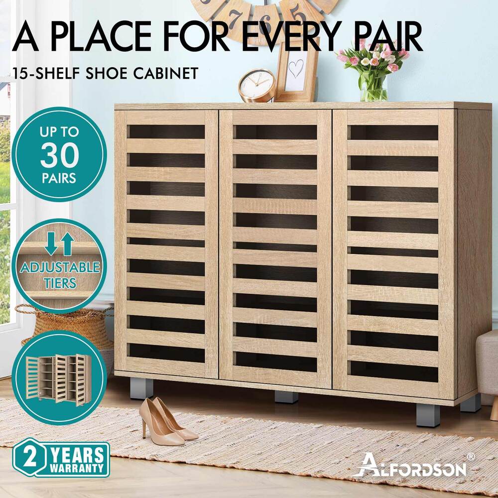 ALFORDSON Shoe Cabinet Organiser Storage Rack Drawer Shelf 30 pairs Oak