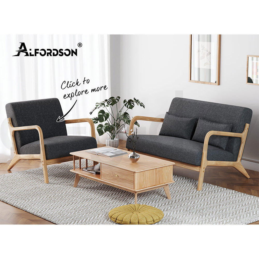 ALFORDSON Armchair 2 Seater Lounge Chair Fabric Seat Accent Couch Wooden Sofa