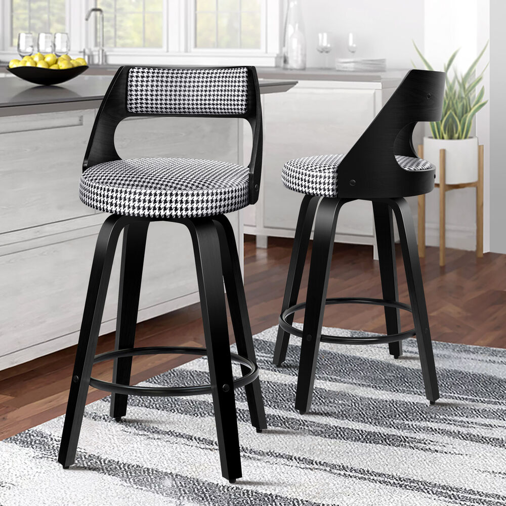 ALFORDSON 2x Swivel Bar Stools 65cm Houndstooth Kitchen Dining Chair