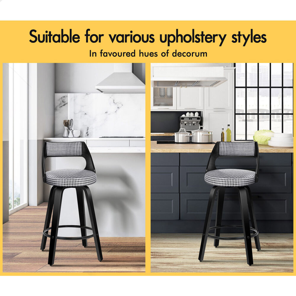 ALFORDSON 2x Swivel Bar Stools 65cm Houndstooth Kitchen Dining Chair