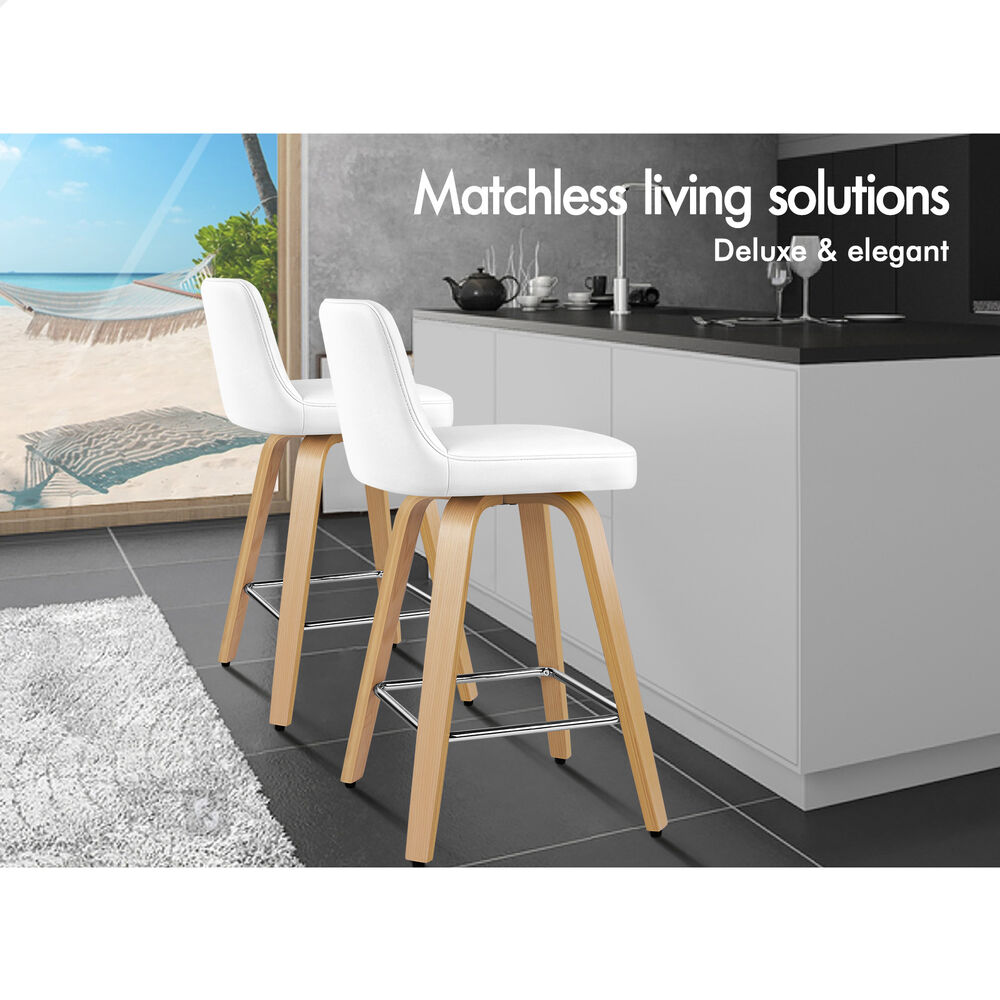ALFORDSON 2x Bar Stools Kitchen Swivel chair Leather Gas lift Wooden White