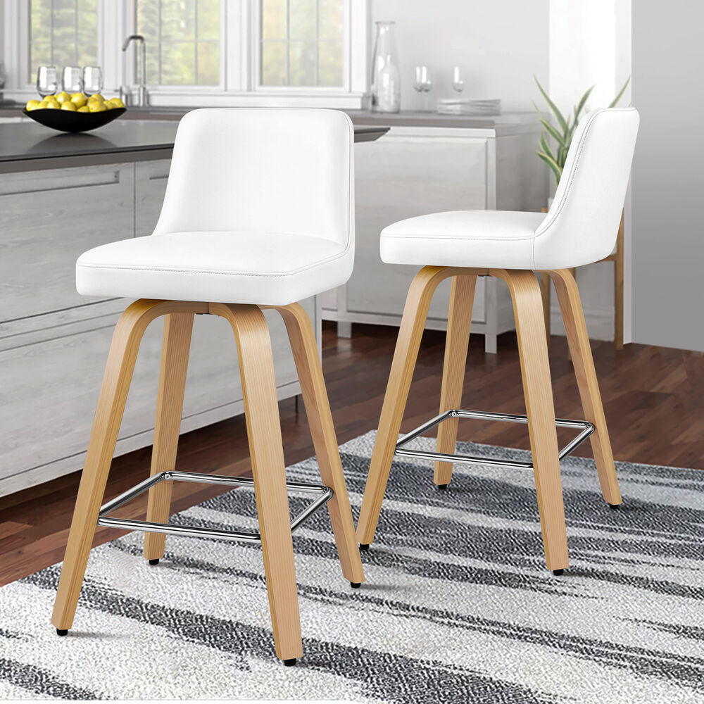ALFORDSON 2x Bar Stools Kitchen Swivel chair Leather Gas lift Wooden White